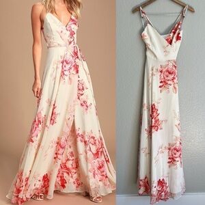 NWOT Elegantly Inclined Cream and Coral Floral Print Wrap Maxi Dress